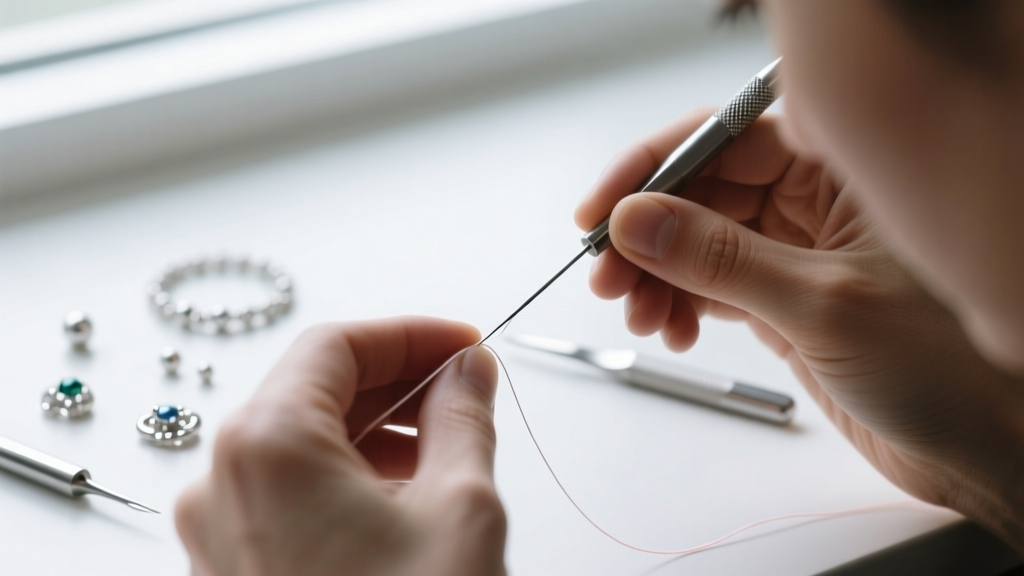 Jeweler threading thin nylon thread through the eye of a size 15 micro beading needle using a specialized wire threader tool.