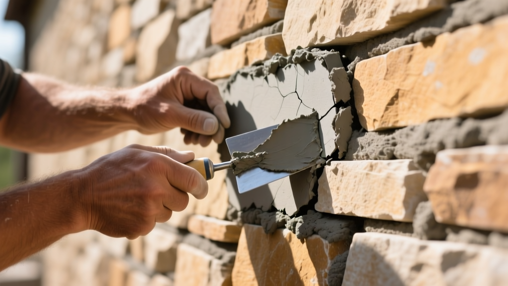 Close-up of a mason using a pointing trowel to repair cracked gray mortar joints on a stacked natural stone veneer exterior wall