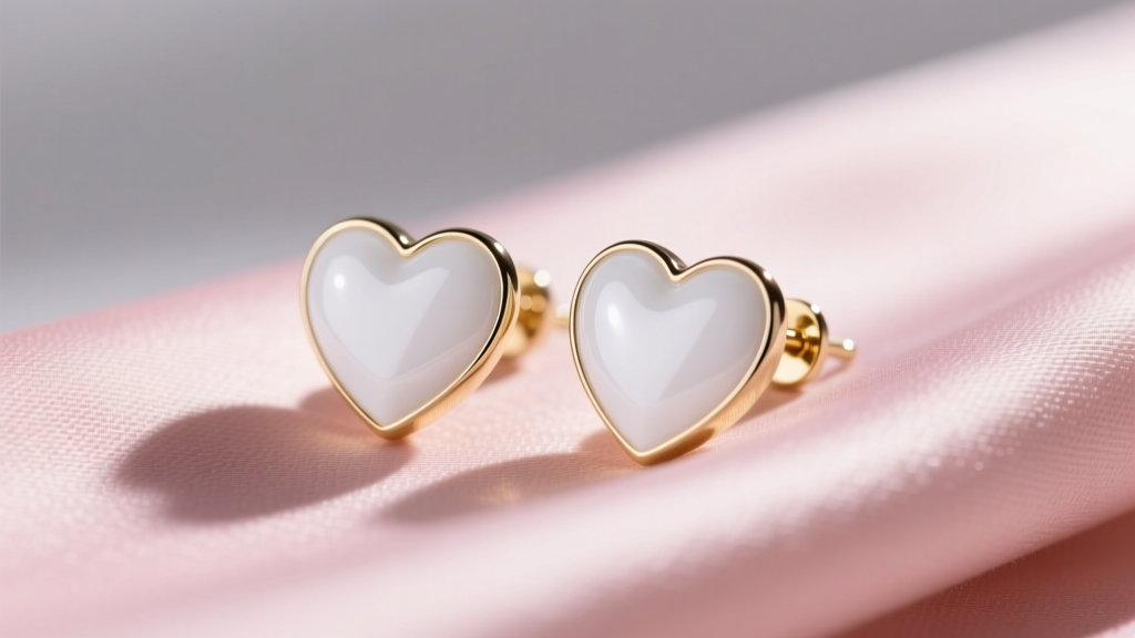 Close-up of glossy white enamel heart-shaped stud earrings with 14k white gold posts resting on soft blush pink silk fabric.