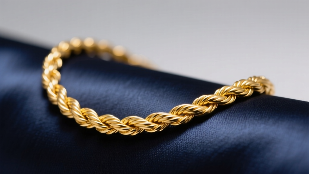 Close-up of a 22k yellow gold rope necklace on silk, showing the rich warm hue and woven texture under soft studio lighting.