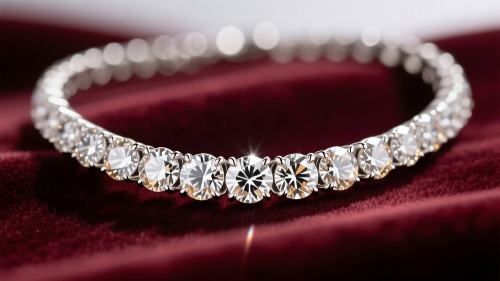 Macro shot of a graduated diamond riviera necklace on velvet, showing seamless round brilliant stones in platinum prong settings.