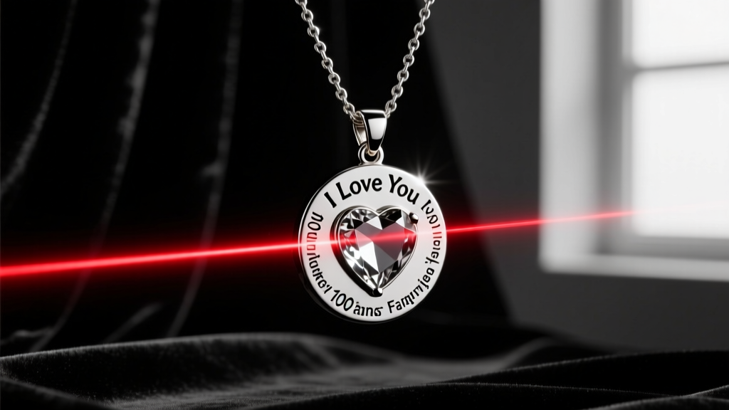 Macro shot of an I love you necklace 100 languages pendant projecting a red light beam onto dark velvet in a dimly lit room