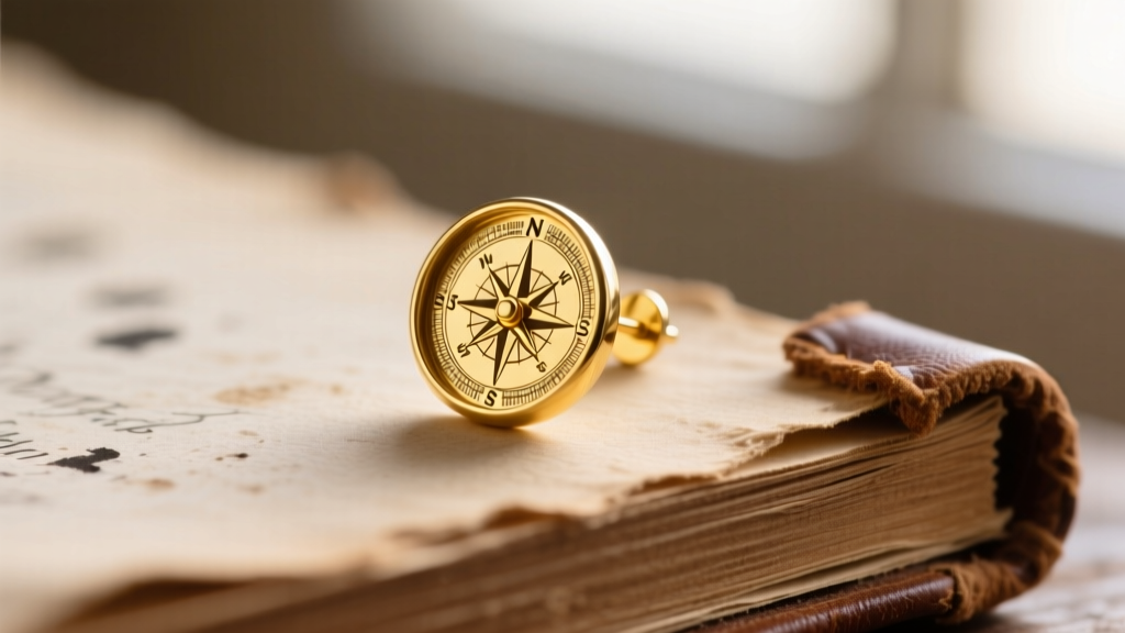 Macro shot of a 14k yellow gold compass scout earring resting on a weathered leather journal under soft, natural window lighting