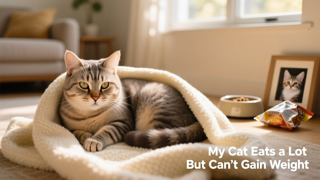 Happy senior cat curled on a soft blanket, looking relaxed and well-cared-for