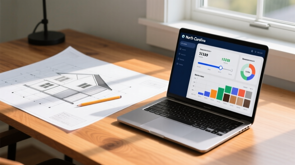 Architectural blueprints on a wooden desk next to a laptop displaying a North Carolina residential construction cost calculator dashboard