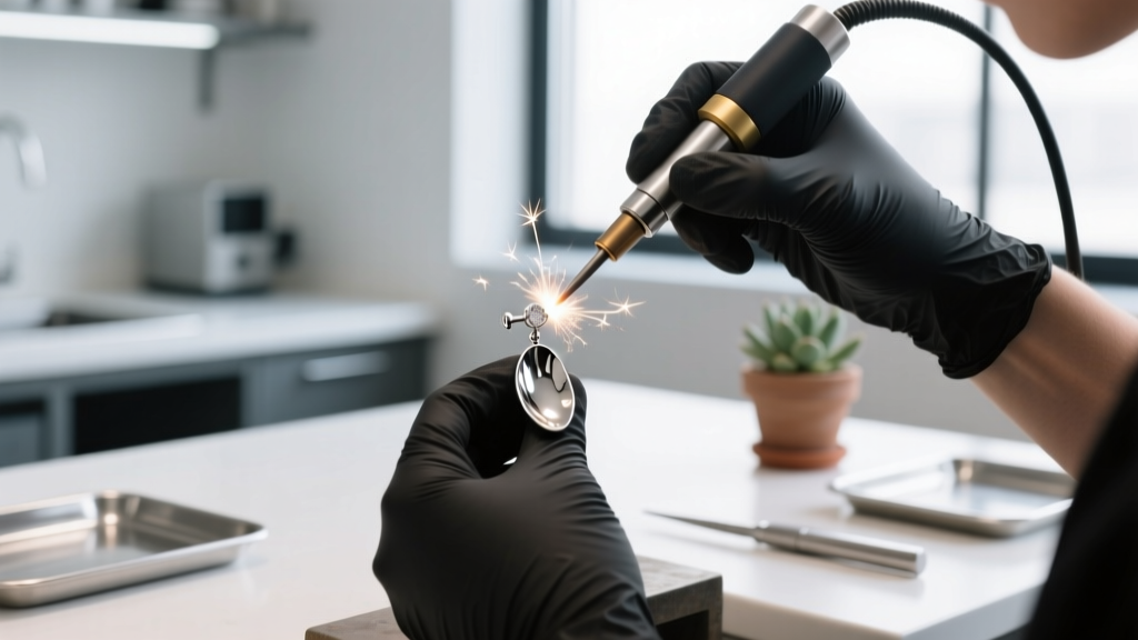 Jeweler using a precision laser welder to attach an 18-gauge sterling silver post to the back of a silverplate spoon earring.