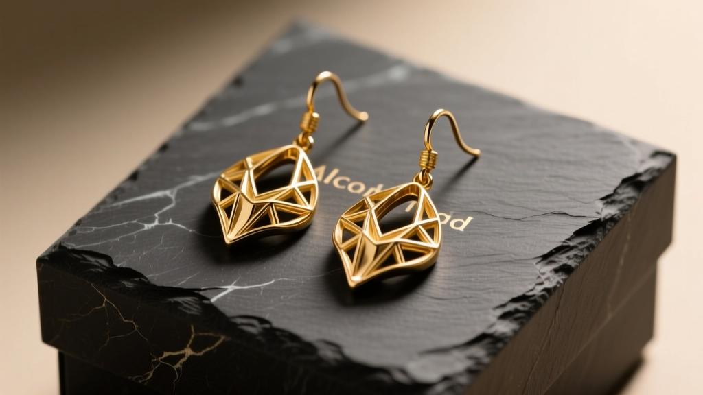 Textured 14k gold architectural drop earrings by Malcolm Todd on a dark slate gift box under soft, warm studio lighting
