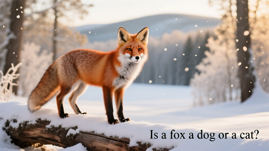 Red fox standing on a snow-covered log, alert and poised