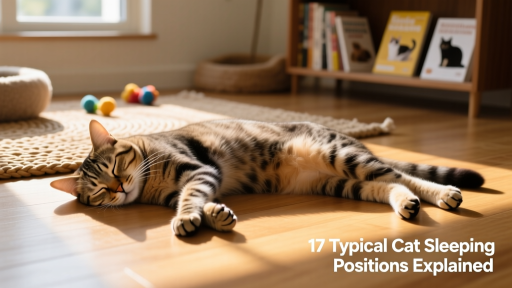 A cat lying comfortably on its side, legs stretched out, eyes closed