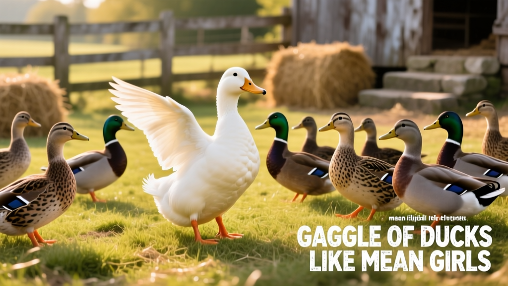 A white duck standing confidently while several other ducks gather nearby in a grassy barnyard setting
