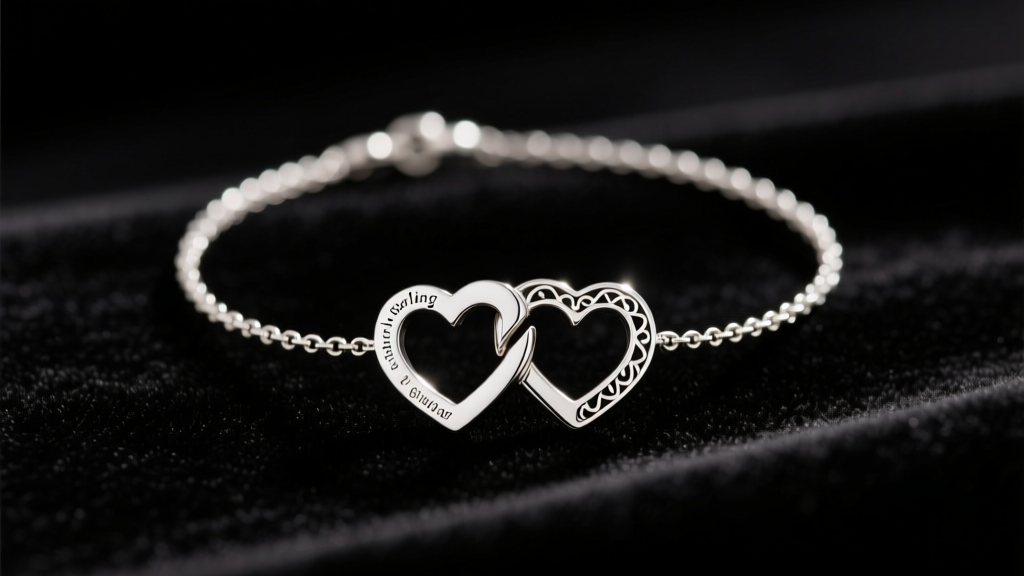Sterling silver split-heart friendship necklace on dark velvet, soft studio lighting highlighting the engraved metal details.