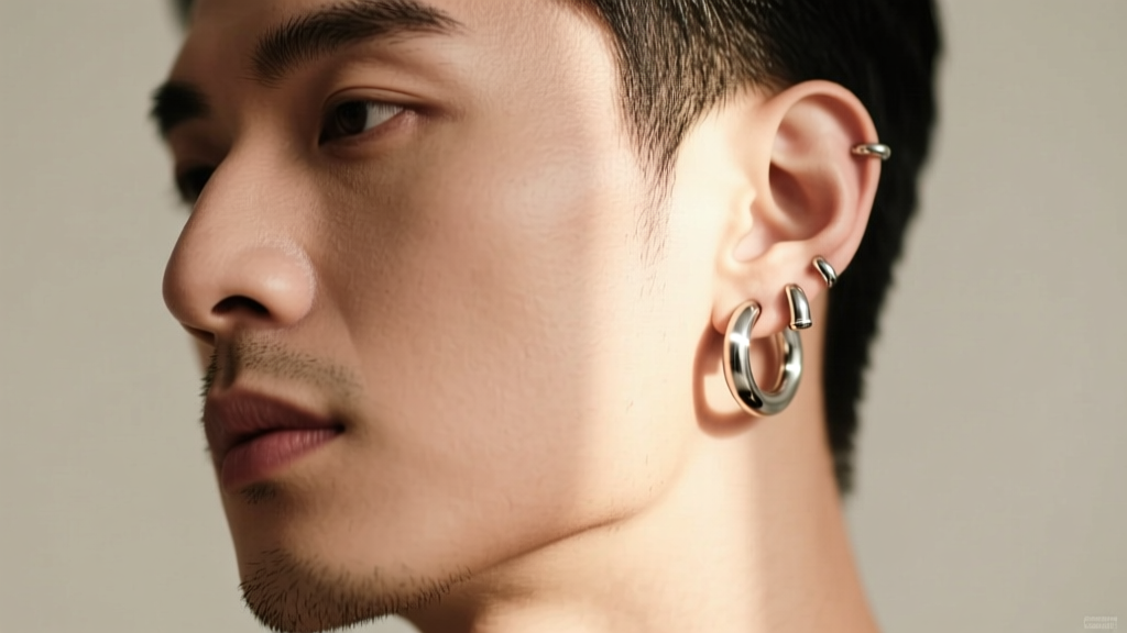 Close-up of a man wearing 14-gauge titanium seamless hoop earrings, soft lighting highlighting the brushed metal finish.