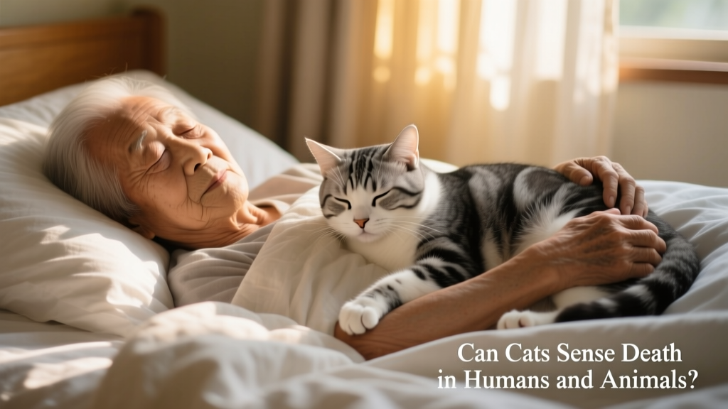 A gentle cat lying beside an elderly person resting in bed, both calm and still