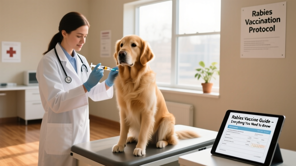 A veterinarian administering a rabies vaccine to a calm, seated dog in a clinic setting