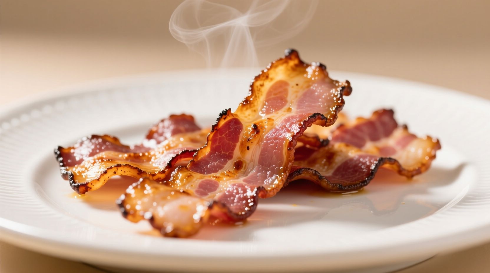 Perfectly cooked crispy bacon on white plate