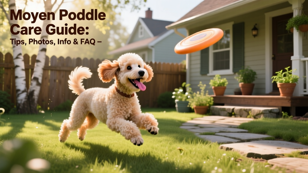 A happy Moyen Poodle playing fetch in a sunlit backyard, tongue out and tail wagging enthusiastically