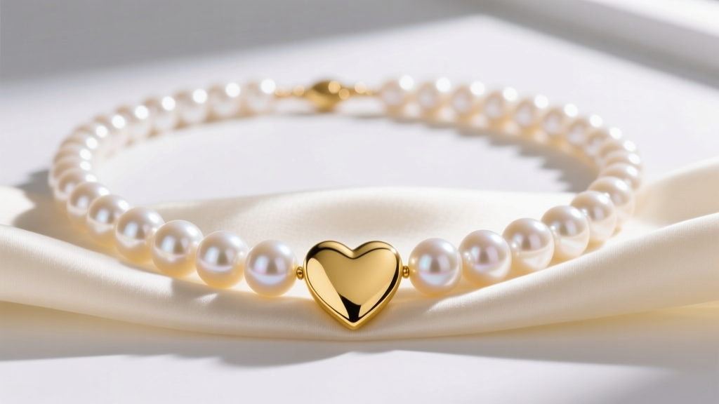 Close-up of a classic 18-inch Akoya pearl necklace featuring a polished 14k yellow gold solid heart pendant resting on cream silk.