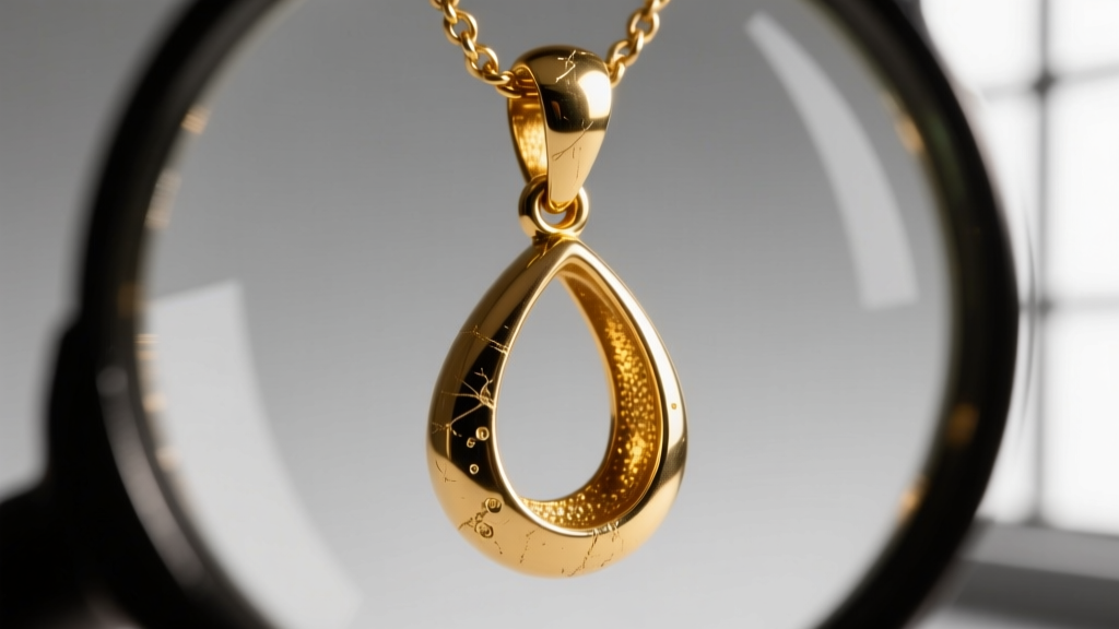 Loupe view of a 14k gold teardrop bail, showing internal friction wear and the solder joint connecting it to the pendant body.