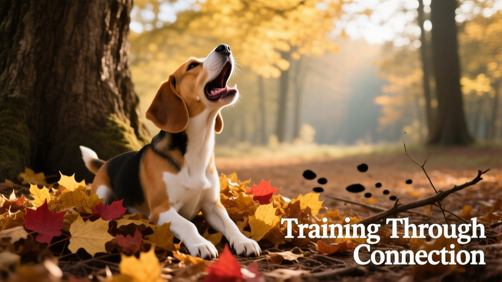 A beagle howling next to a large tree, sitting in a pile of dead leaves