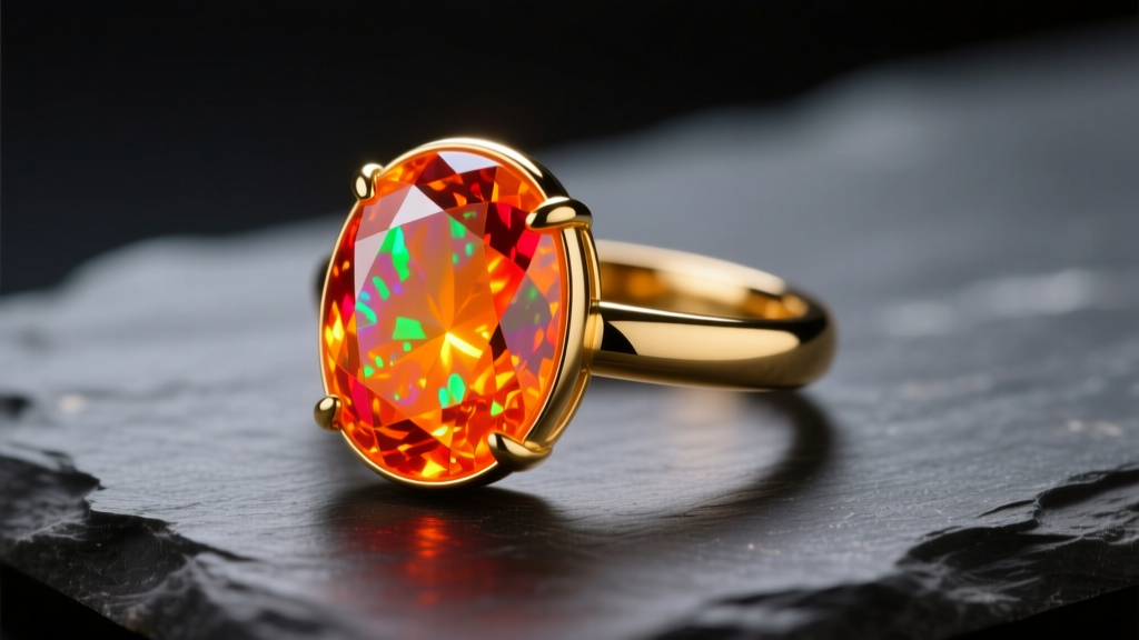 Vibrant orange Mexican fire opal cabochon set in a 14k yellow gold bezel ring on dark slate under warm studio lighting.