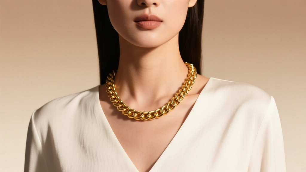 Model wearing a 50 cm 18k gold rope chain on her collarbone, styled with a white V-neck blouse under soft, warm studio lighting.