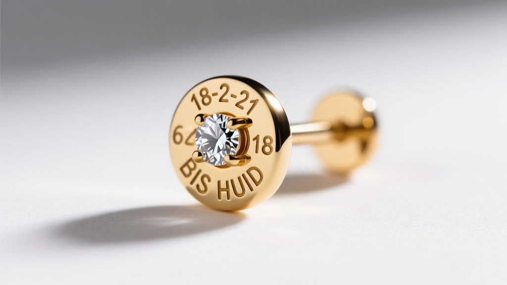 Extreme close-up of a laser-engraved 6-digit BIS HUID hallmark on the post of an 18-karat gold diamond solitaire stud earring.