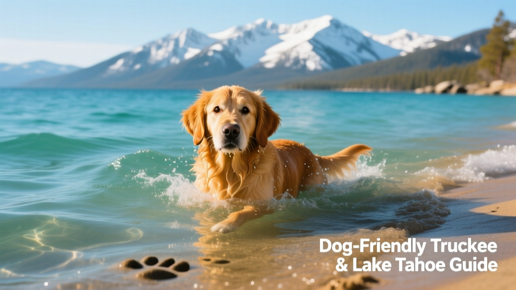 A dog swimming in the clear blue waters of Lake Tahoe with snow-capped mountains in the background