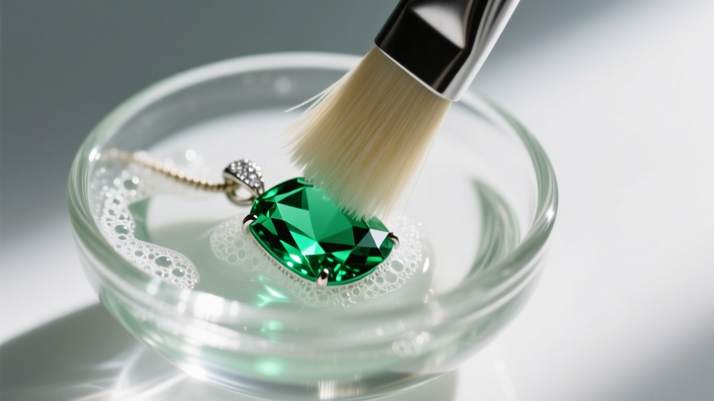 A soft-bristled brush gently scrubbing a peridot pendant in a small glass bowl of lukewarm water and mild dish soap suds.