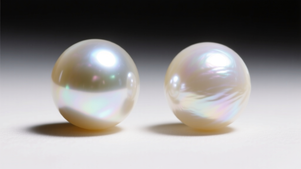 Extreme macro photography comparing the sharp mirror luster of an Akoya pearl next to the softer satiny glow of a freshwater pearl.