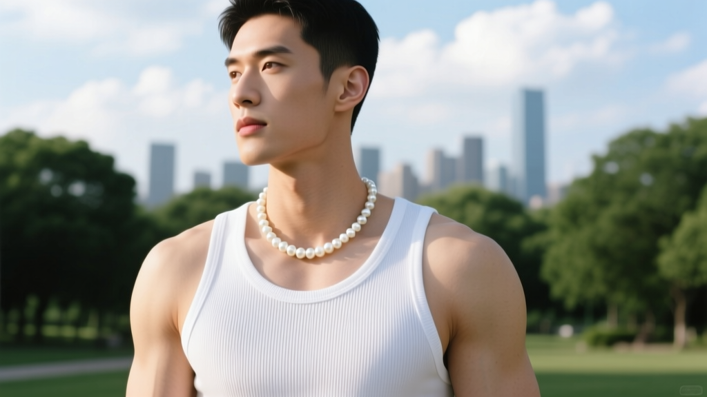 Athletic man wearing a single strand of 8mm white freshwater pearls over a white ribbed tank top in natural outdoor lighting