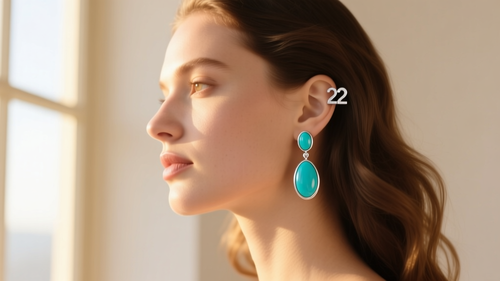 Side profile of a woman wearing 22-gauge sterling silver leverback turquoise drop earrings framing her oval face in warm sunlight