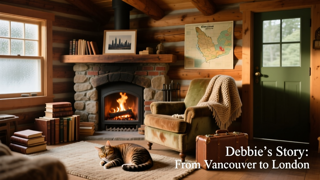 A rustic cabin interior with a stone fireplace glowing warmly, surrounded by books and a sleeping cat
