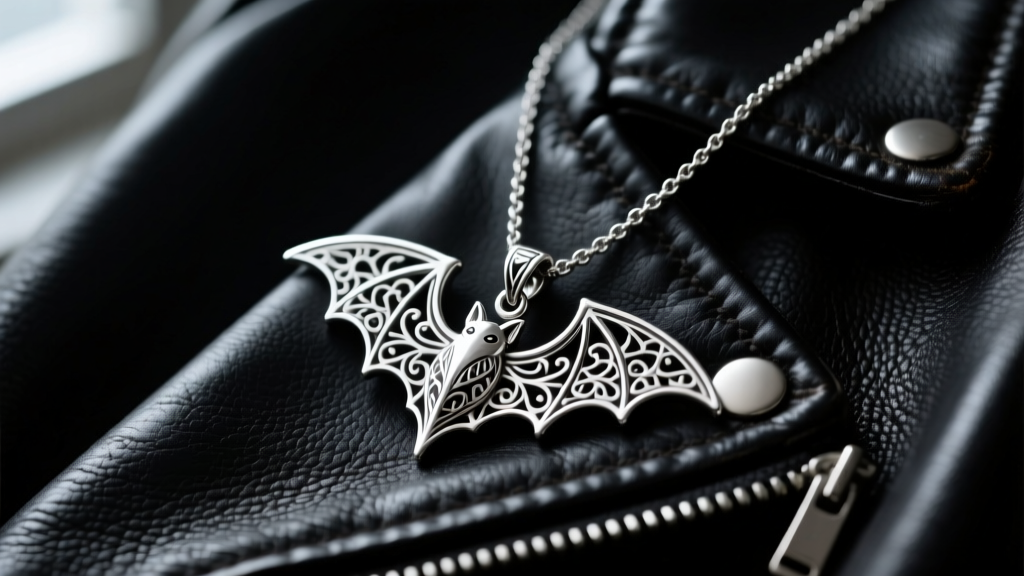 Close-up of a detailed 925 sterling silver bat pendant necklace resting on a worn black leather jacket, moody studio lighting.