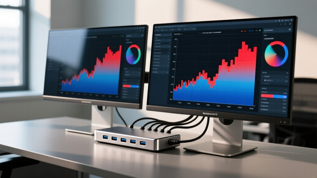 Dual 4K monitors displaying complex bandwidth allocation charts and color calibration software connected via a multi-port USB-C docking station.