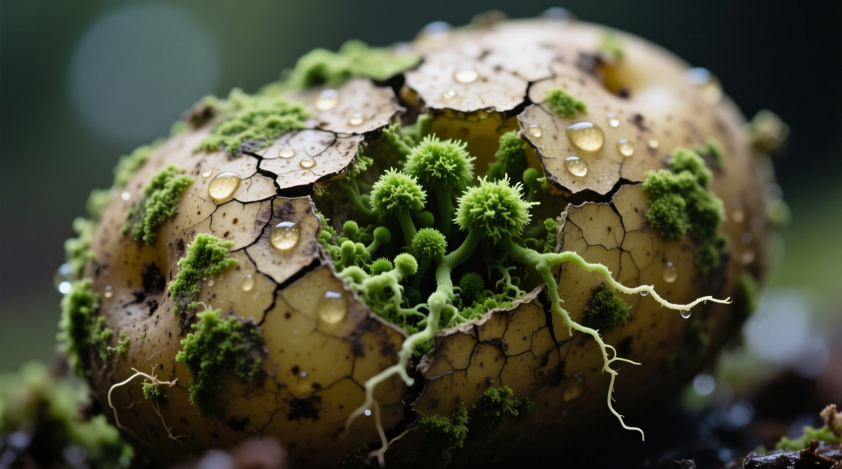Close-up of moldy potato with green fuzz