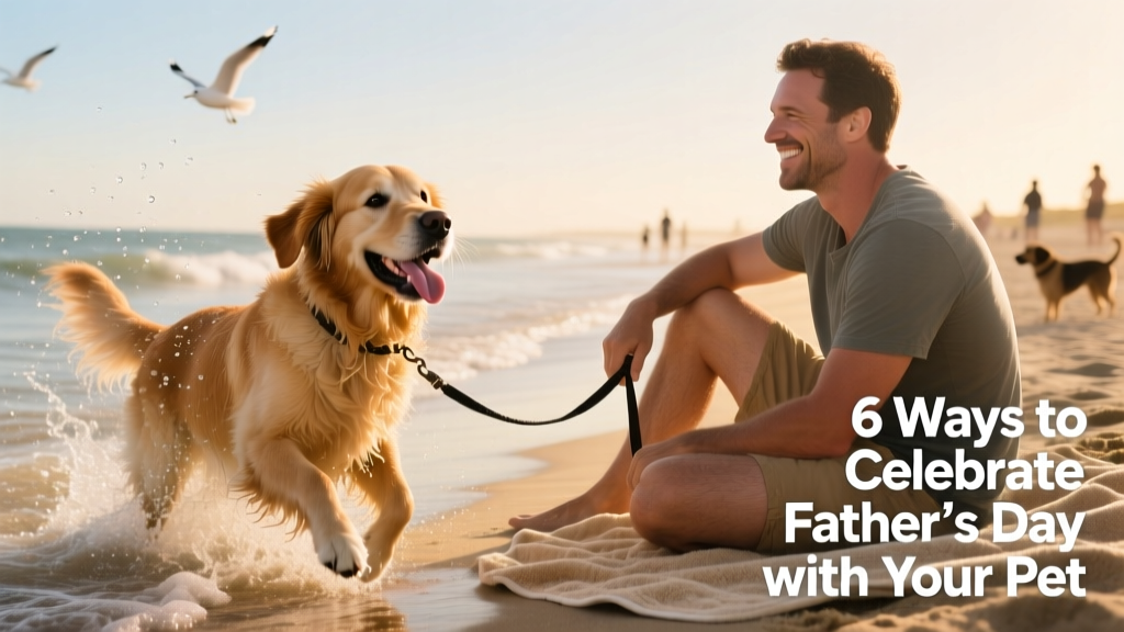 A golden retriever happily splashing in gentle waves at a dog beach, with its owner sitting nearby on a towel