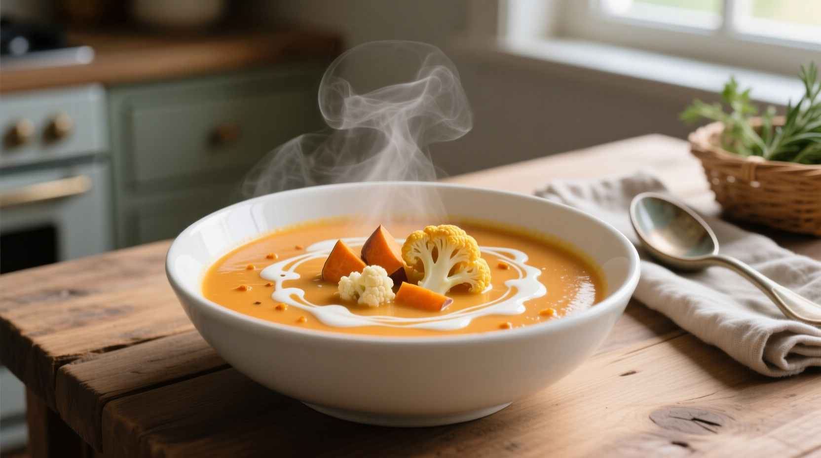 Creamy orange cauliflower sweet potato soup in white bowl