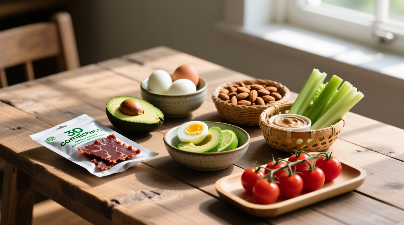 Whole30 compliant food products on wooden table