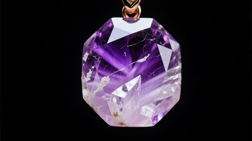 Macro shot of natural amethyst pendant revealing internal color zoning and surface micro-scratches under harsh directional light.
