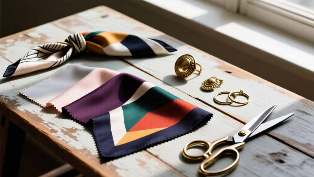 Flat lay of cotton and silk bandana swatches beside brass jewelry clasps, jump rings, and fabric shears on a rustic wooden desk