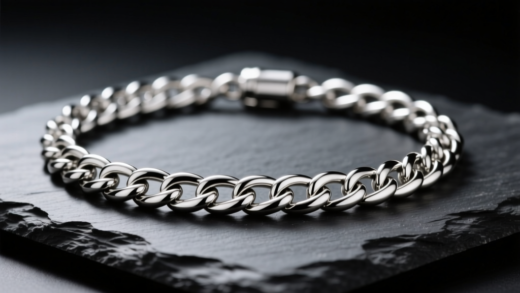 Macro shot of a thick Italian 925 sterling silver Figaro chain necklace on dark slate under soft directional studio lighting.