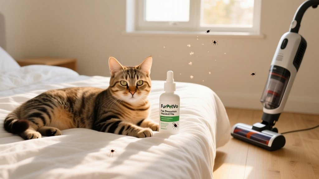 Cat lying calmly on clean, freshly washed bedding next to a bottle of FurPetVo flea prevention treatment and a vacuum cleaner—symbolizing effective, integrated flea control