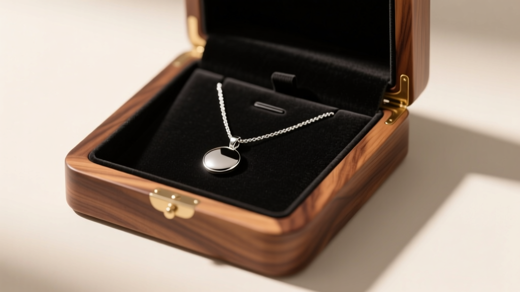 Open walnut wooden necklace box with black suede lining, holding a silver pendant chain under warm studio light.