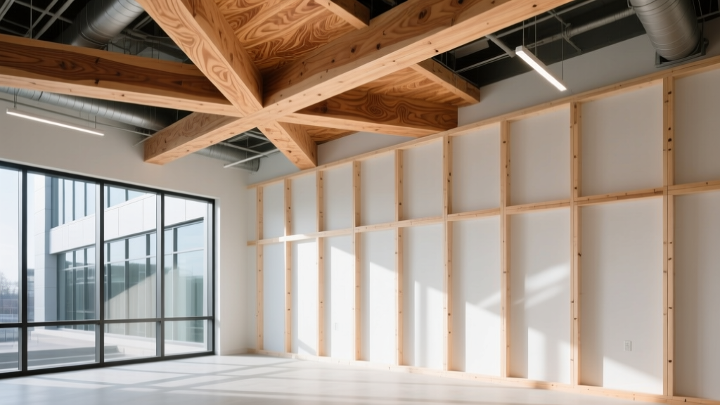 Exposed cross-laminated timber ceiling panels contrasting with traditional light-frame wood stud walls in a modern commercial building
