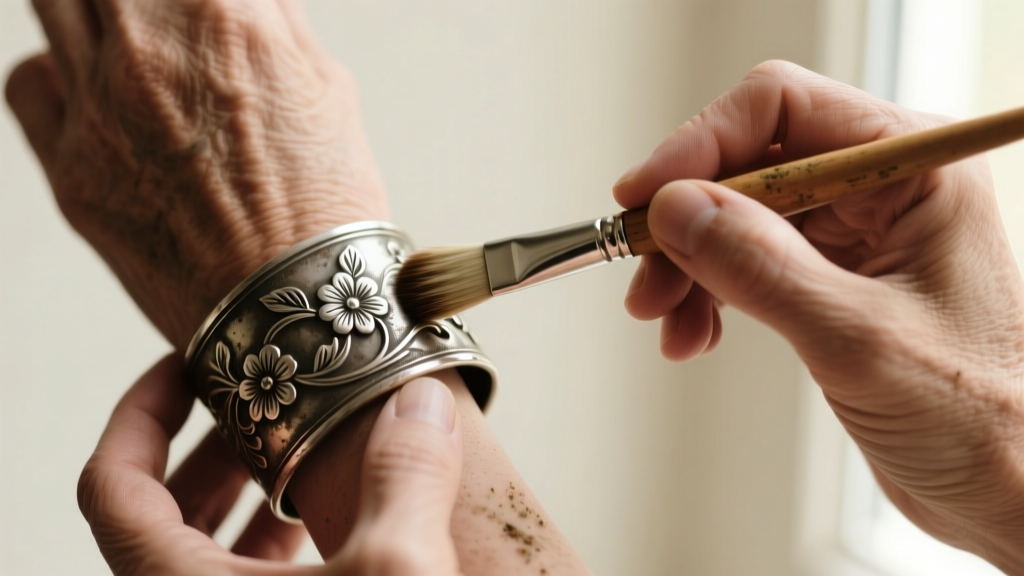Close-up of hands using a soft brush and mild surfactant to clean an oxidized silver cuff with intricate floral engravings