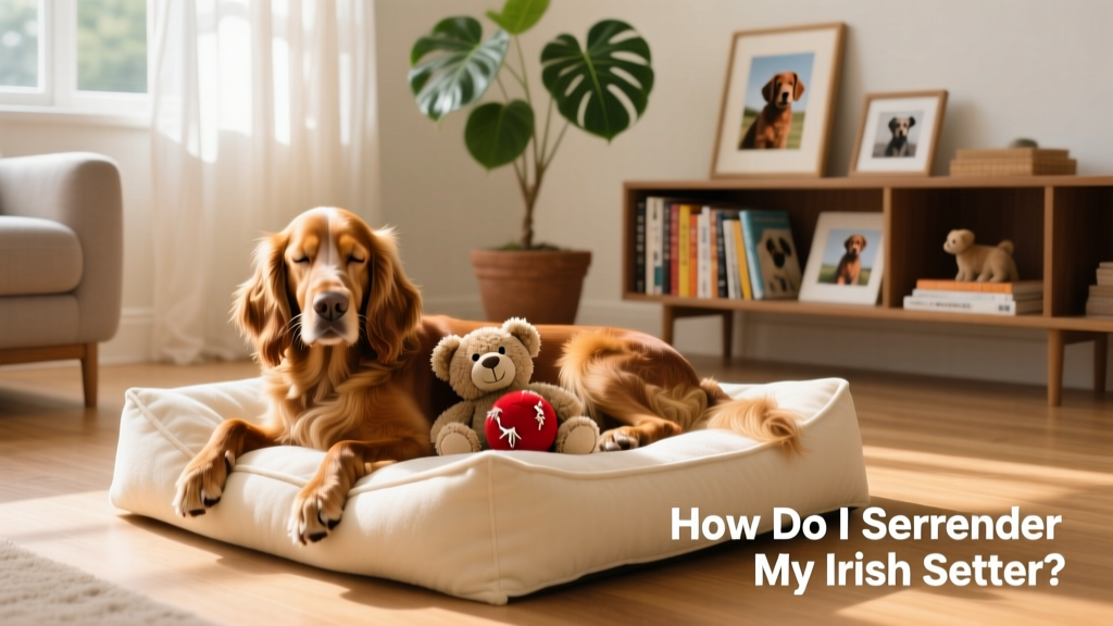 An Irish Setter resting peacefully beside a cozy dog bed and favorite toy in a bright, tidy living room