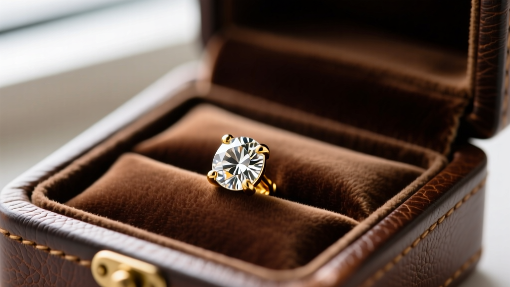 Macro shot of a gold diamond stud earring resting in a velvet slot of a premium leather jewelry organizer box