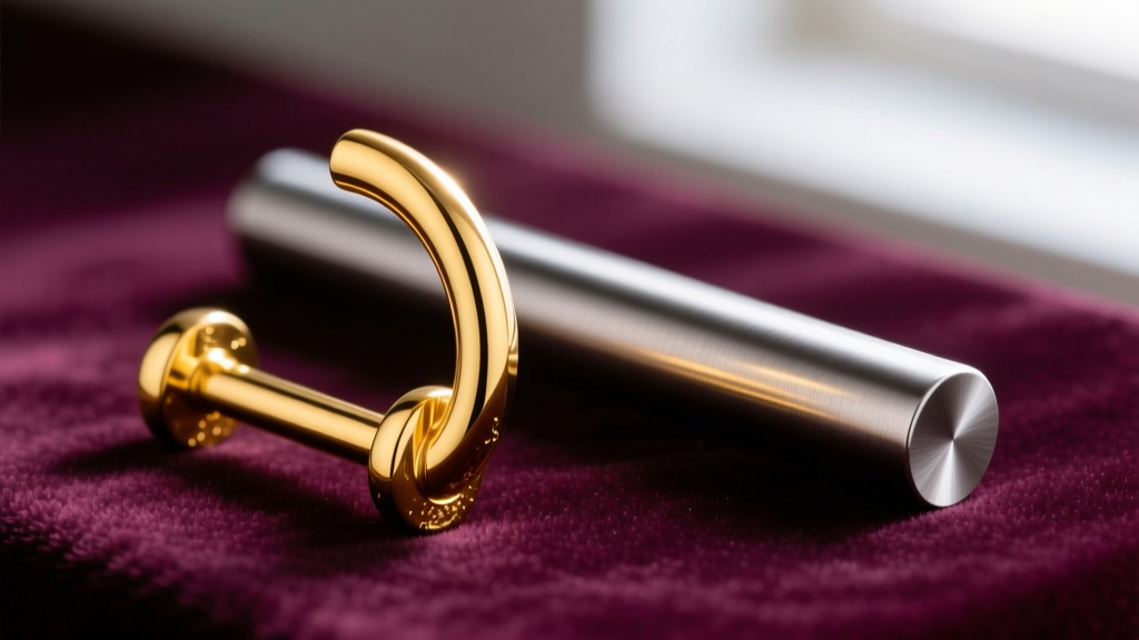 Side-by-side macro shot of a polished 18k yellow gold curved barbell and a brushed implant-grade titanium surface bar on velvet