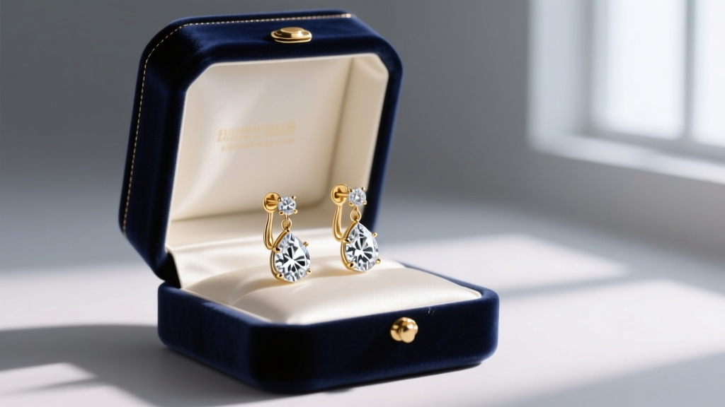Open navy velvet box revealing 18k white gold diamond drop earrings resting on satin under warm spotlight