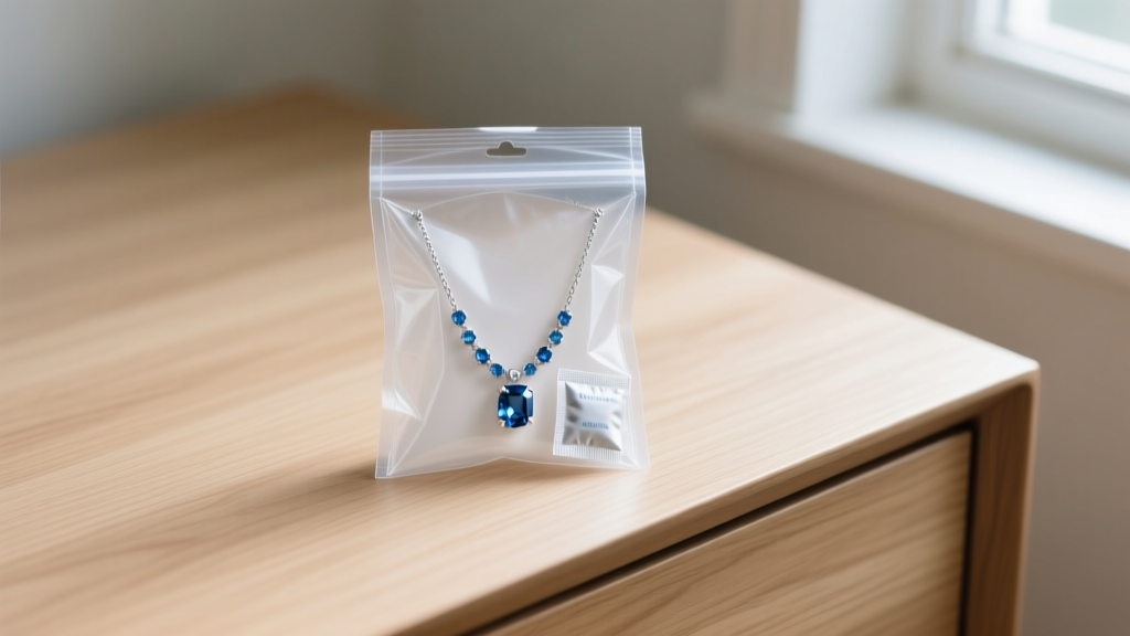 Sterling silver blue topaz necklace stored in a sealed bag with an anti-tarnish strip and silica gel packet on a wooden dresser